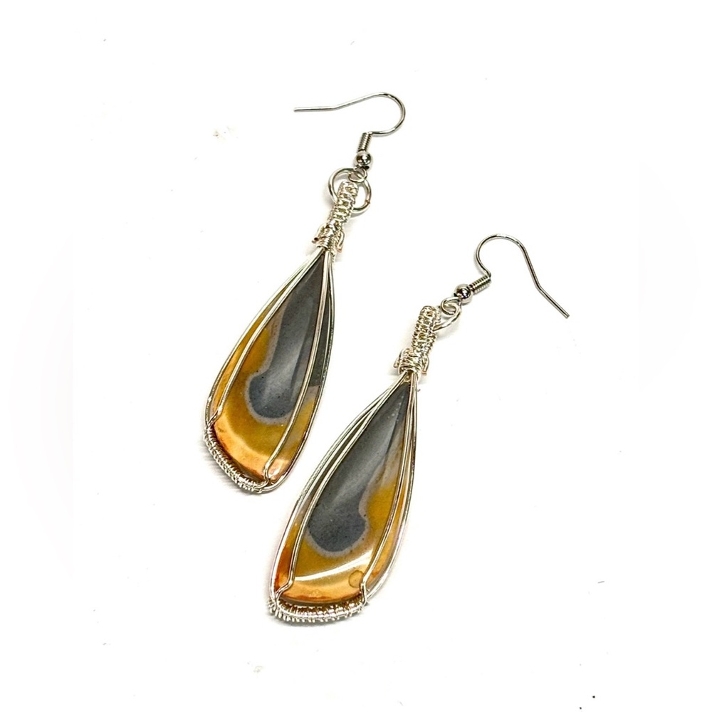 HAND CRAFTED Polychrome Jasper Wire Wrapped Silver Plated Dangle Earrings
